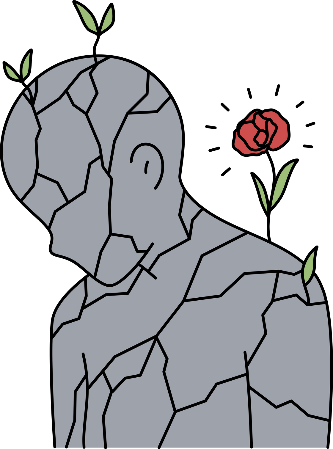 Flower growing on stone person